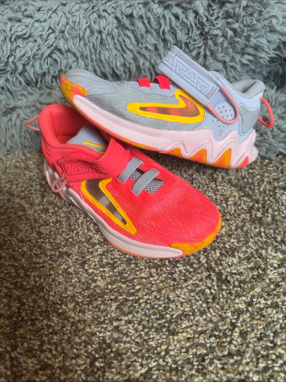 Nike size 12 Kids Athletic Sneakers in Pink and Gray with Yellow Accents